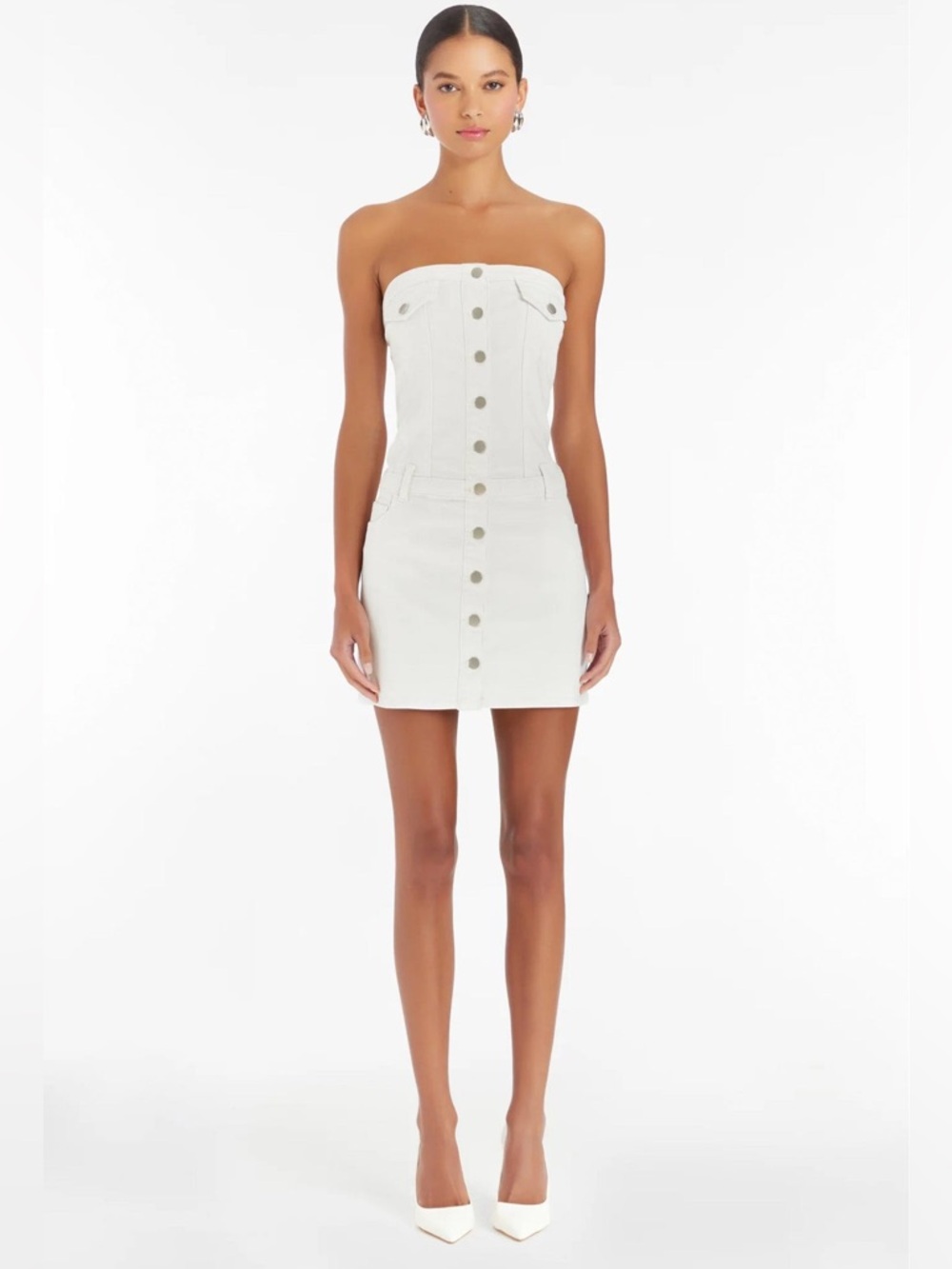 Amanda Uprichard Teyana White Strapless Button-Front Mini Denim Dress NWT $248 - Picture 2 of 6